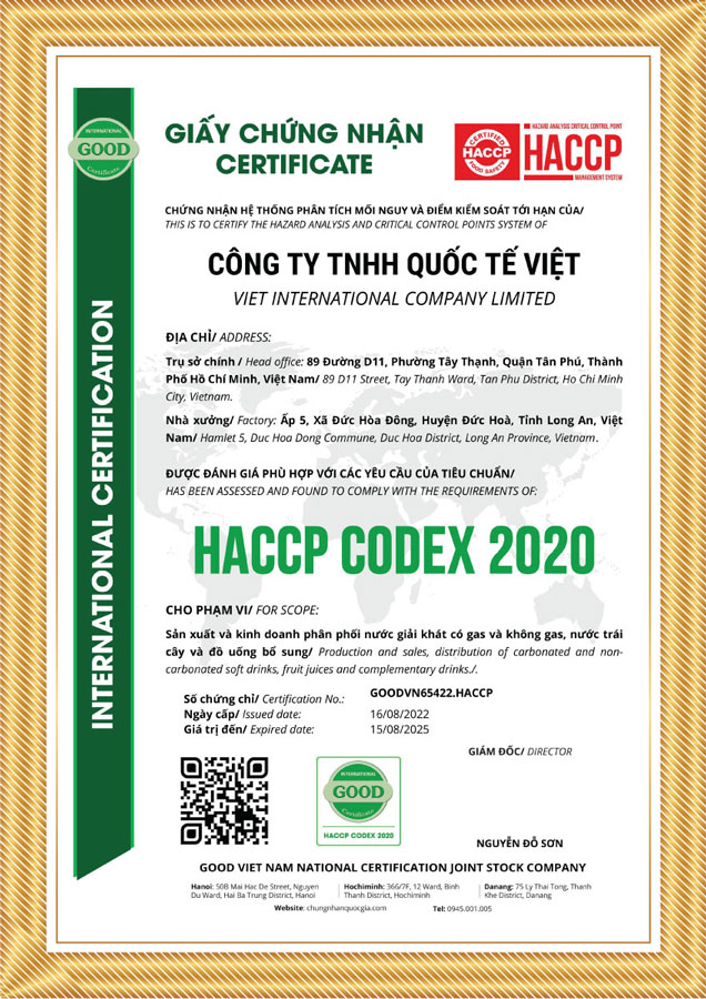 Certificate from Viet International Co Ltd - Panie Juice Drink - Beverage Manufacturing